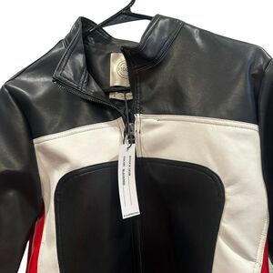 Stoosh Colorblock Faux Leather Moto Jacket – Black/White/Red (Size L)